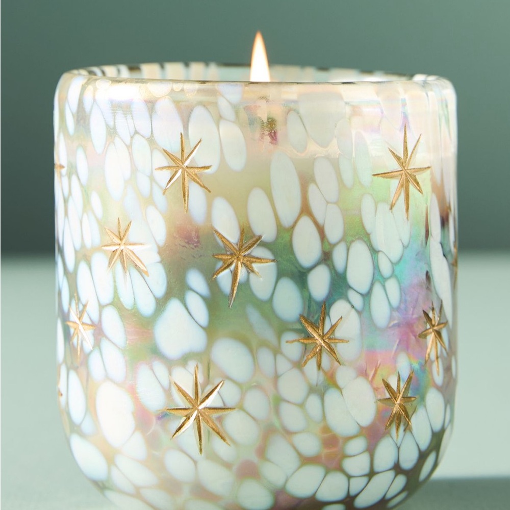 Anthropologie  Festive Woody Winter Woods Gilded Glass jar Candle